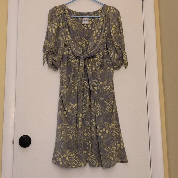 Anthropologie Yoana Baraschi Binoux Doux Silk Tie Sleeve Vintage Pinup Dress S - Picture 2 of 6